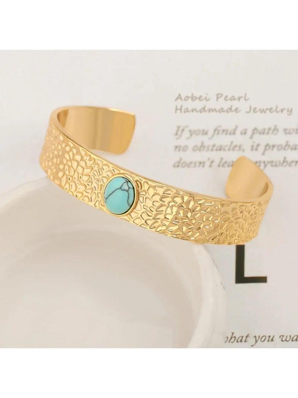 18K Gold Plated Open Cuff Bangle - Textured Statement Bracelet for Layering